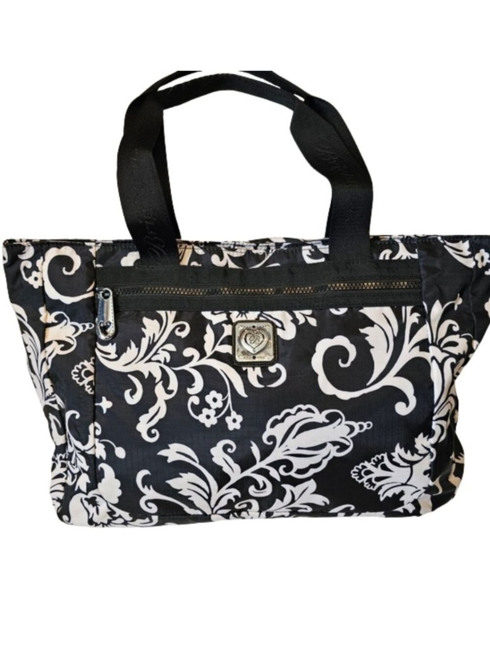 Brighton Black White Damask Floral Nylon Large Tote Bag Heart Logo Purse Travel